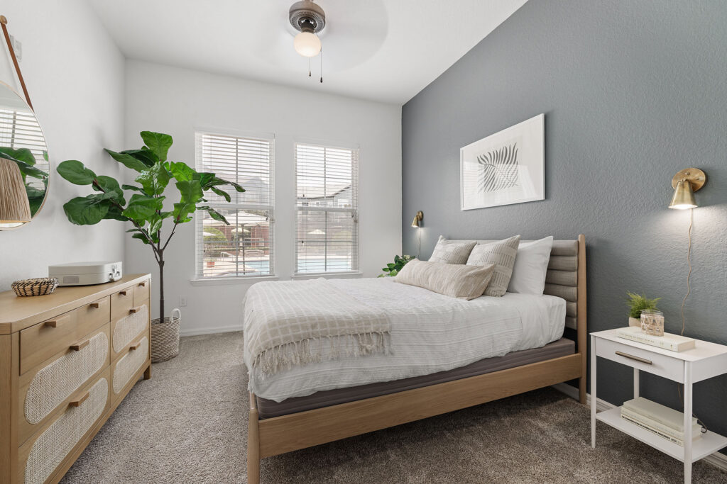 Modern bedroom with a large bed, gray accent wall, two windows with blinds, a dresser, potted plant, nightstand, and wall art. Neutral tones create a cozy, bright, and inviting atmosphere.