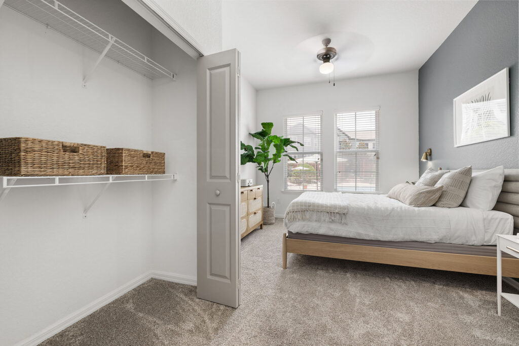 A modern bedroom with a gray accent wall, bed, nightstand, dresser, large window, and open closet with three woven baskets on a shelf. A green plant sits beside the bed.